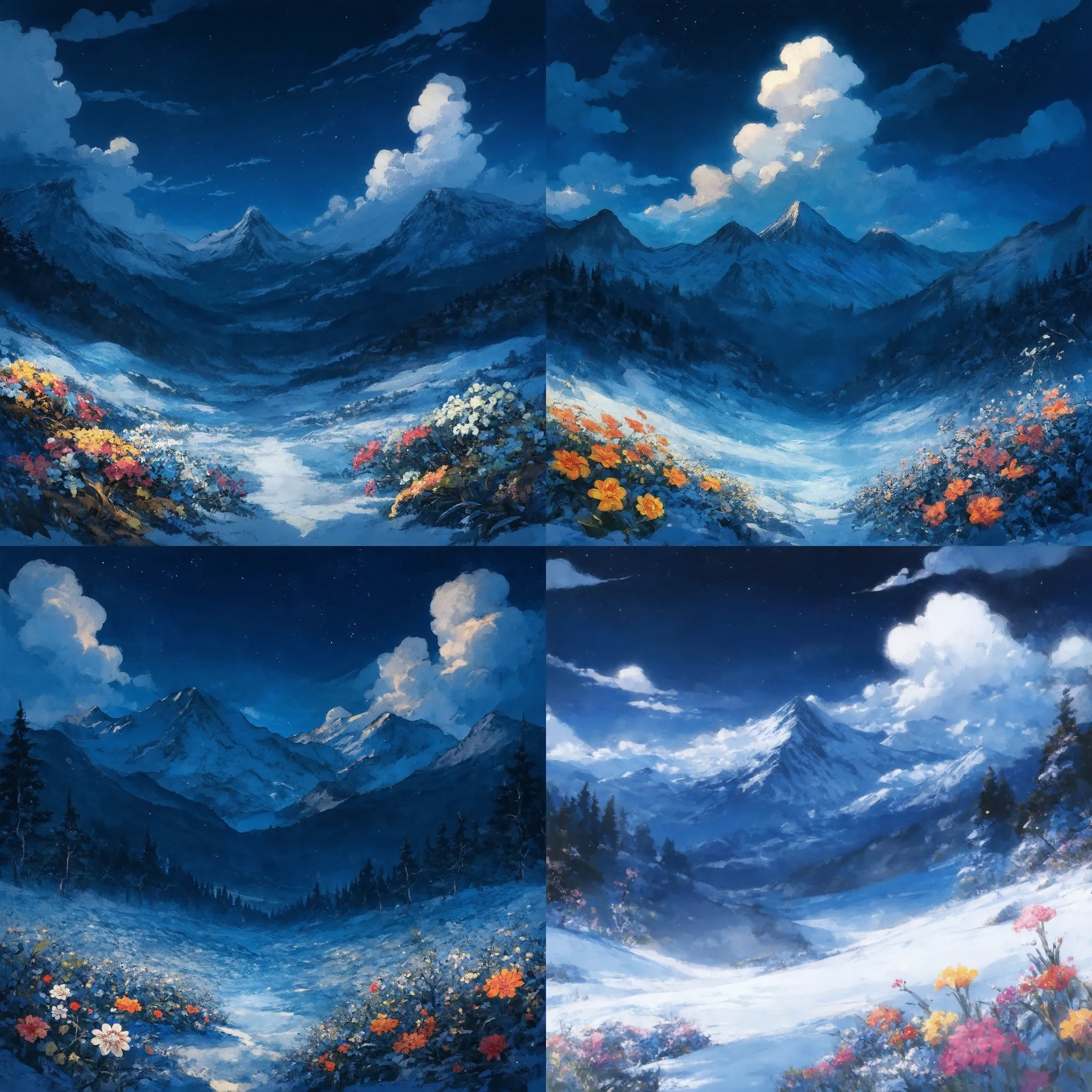 Four InstantFusion examples combining SD3 and Qwen-Image, depicting snowy mountains and flowers.