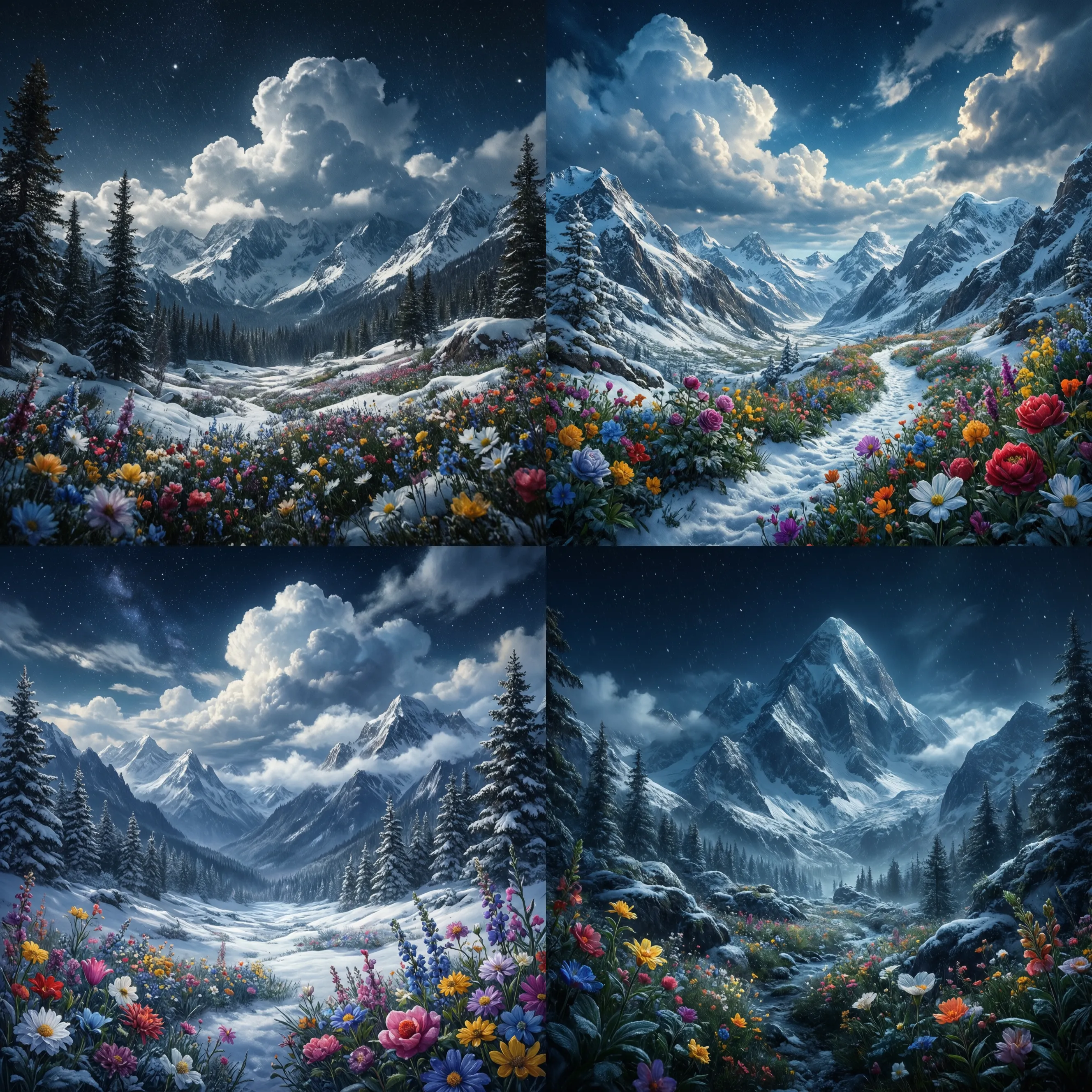 Four Qwen-Image examples of snowy mountains and flower-covered valleys.
