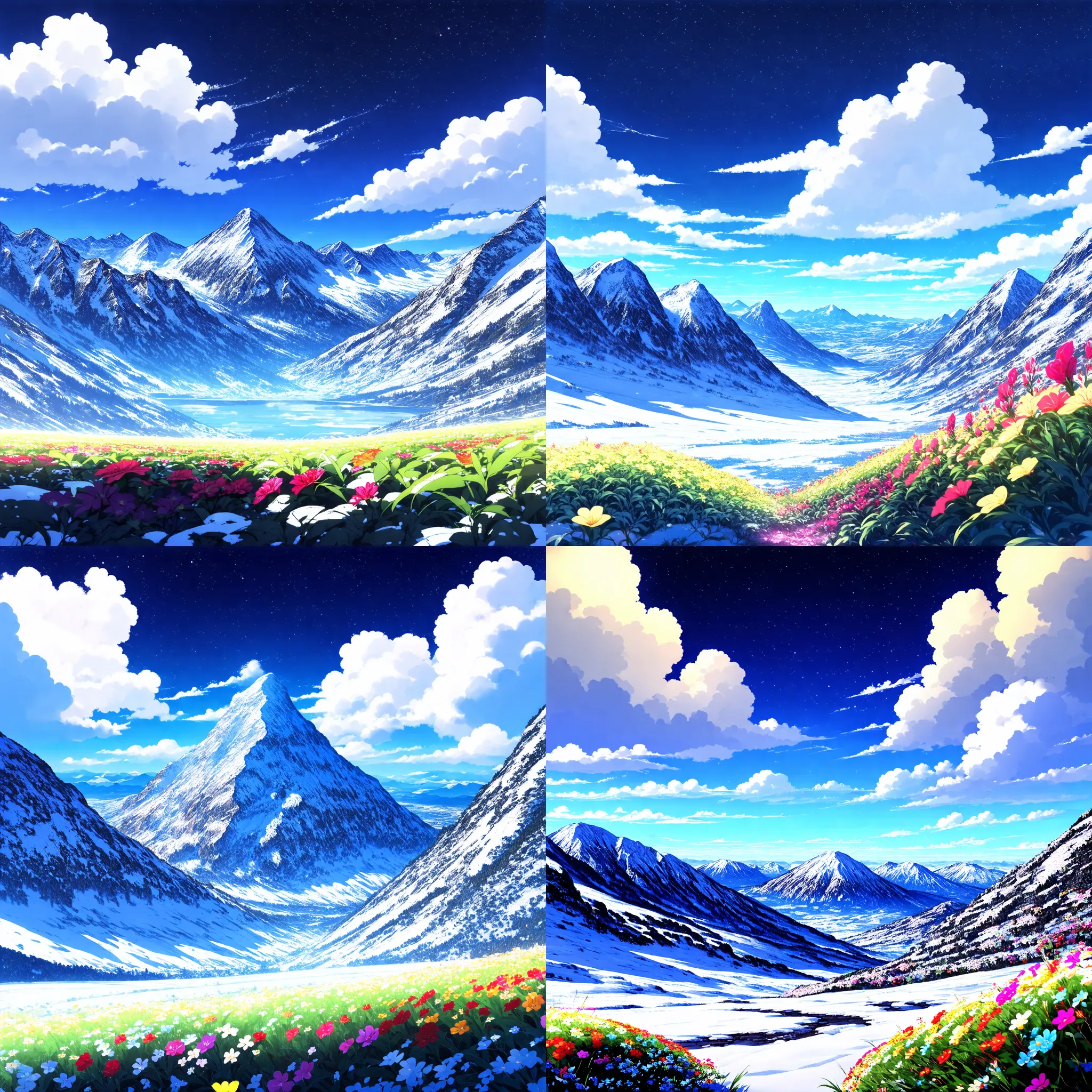 Four SD3 examples of snowy mountains and flowers beneath a blue sky.