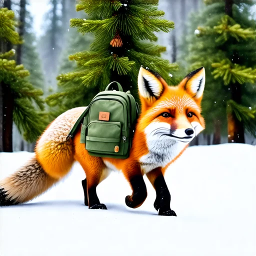 SD3 baseline: a fox carrying a green backpack in a snowy forest.