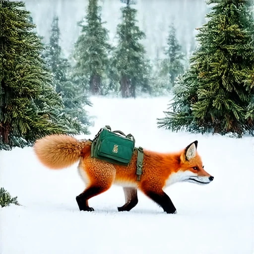 Cross-model on-policy distillation at training step 2400: a fox carrying a green backpack in a snowy forest.