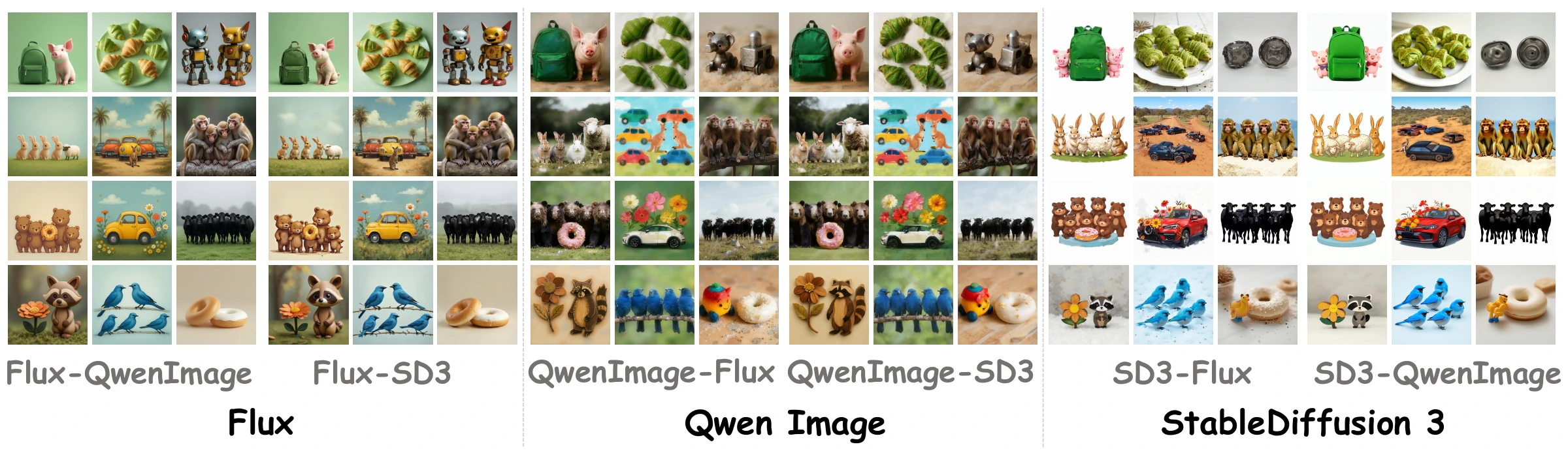 Cross-model generation with SD3, FLUX.1, and Qwen-Image.